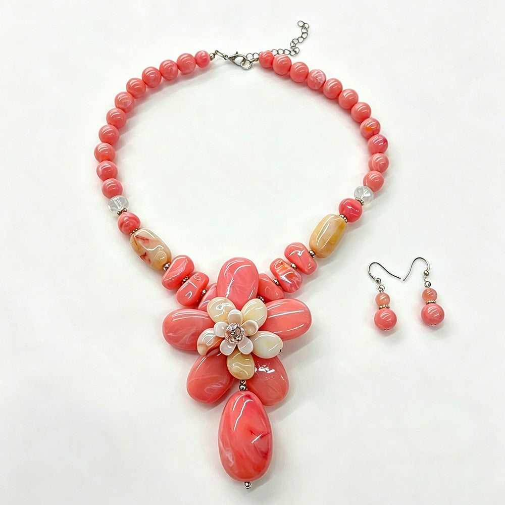 Romantic Pink Floral Acrylic Necklace & Earring Set