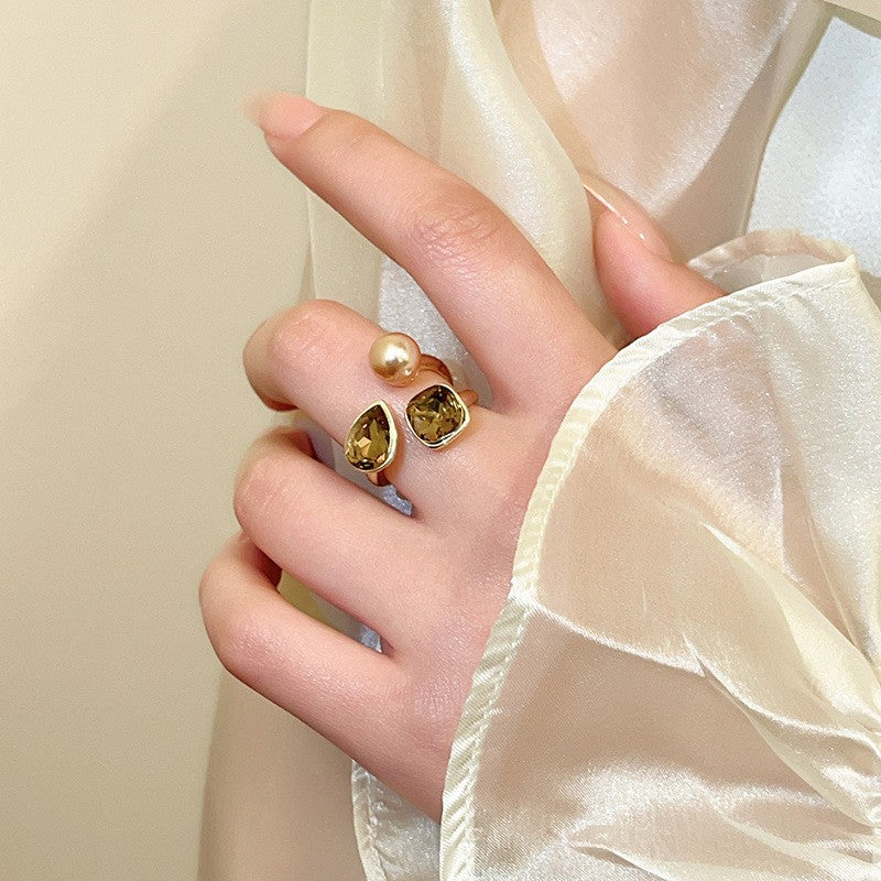 Boho Faux Pearl & Amber Zircon Ring