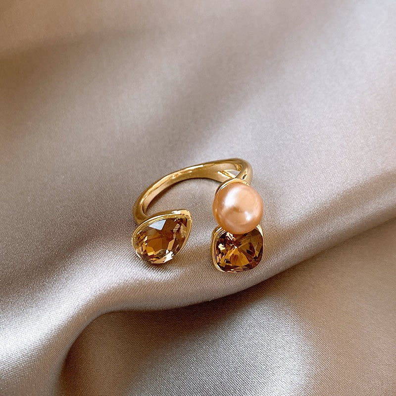 Boho Faux Pearl & Amber Zircon Ring