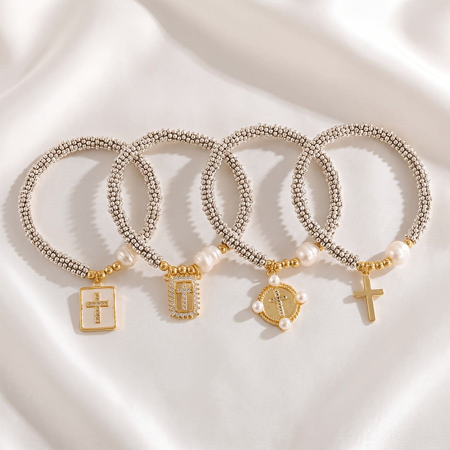 Elegant Zircon Cross Pearl Bracelet
