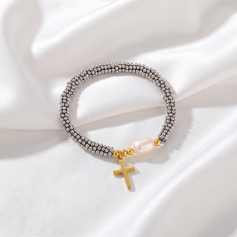 Elegant Zircon Cross Pearl Bracelet