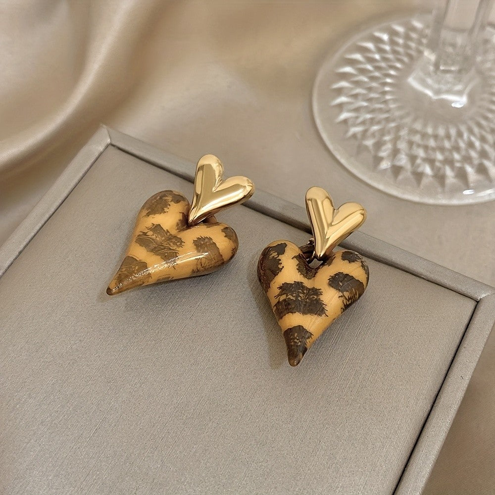 18k Leopard Print Heart Drop Earrings