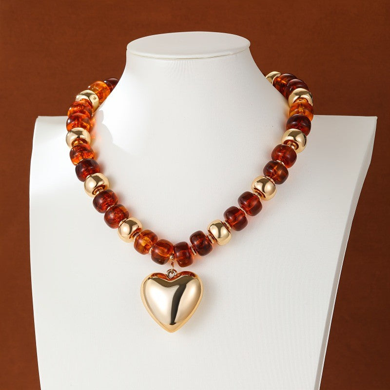 Boho Amber Bead Heart Necklace