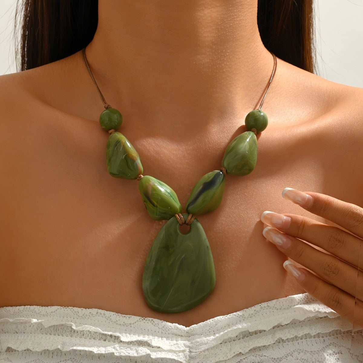 Boho Vintage Green Resin Pendant Necklace