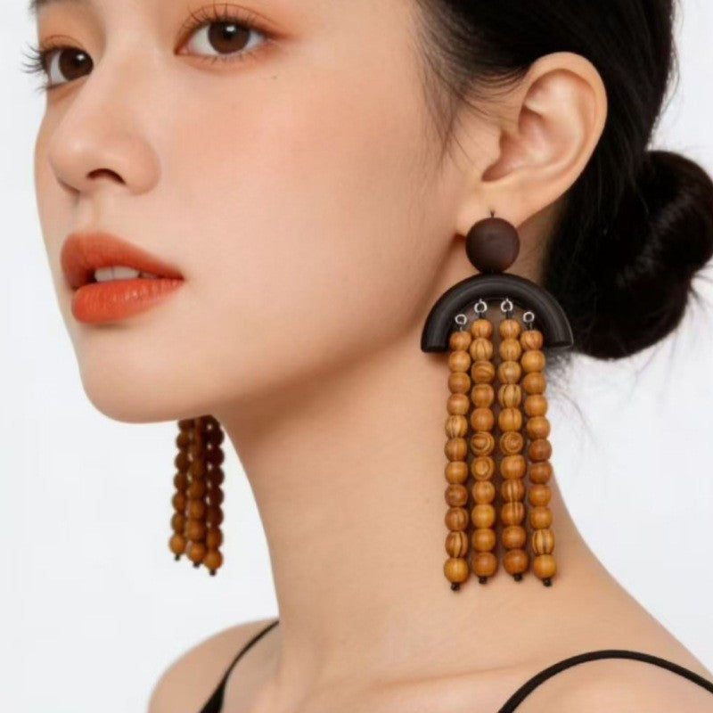 Boho Wooden Bead Tassel Earrings