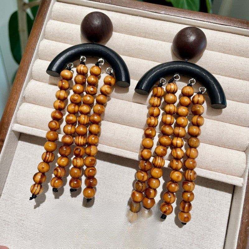 Boho Wooden Bead Tassel Earrings