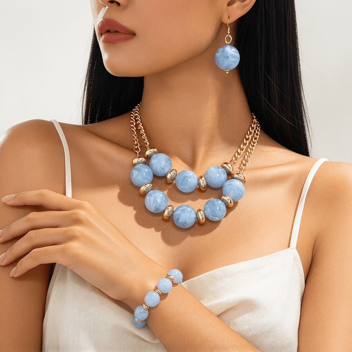 Boho Blue Marble Bead Necklace, Bracelet & Earring Set