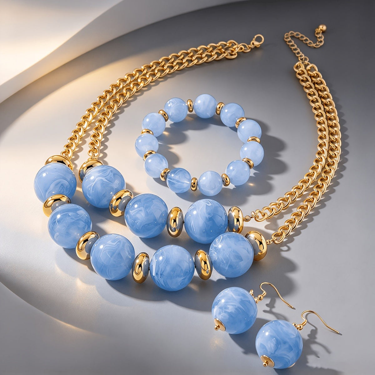 Boho Blue Marble Bead Necklace, Bracelet & Earring Set