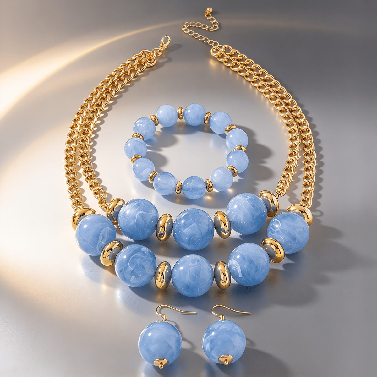 Boho Blue Marble Bead Necklace, Bracelet & Earring Set