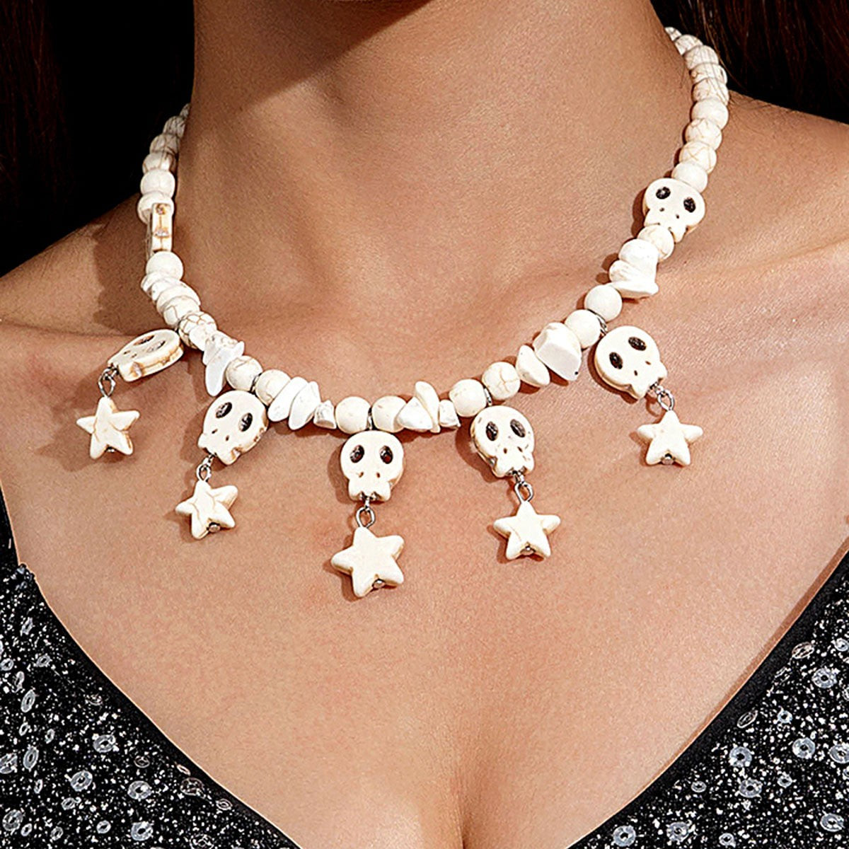 Boho Chunky Skull and Starfish Bead Necklace