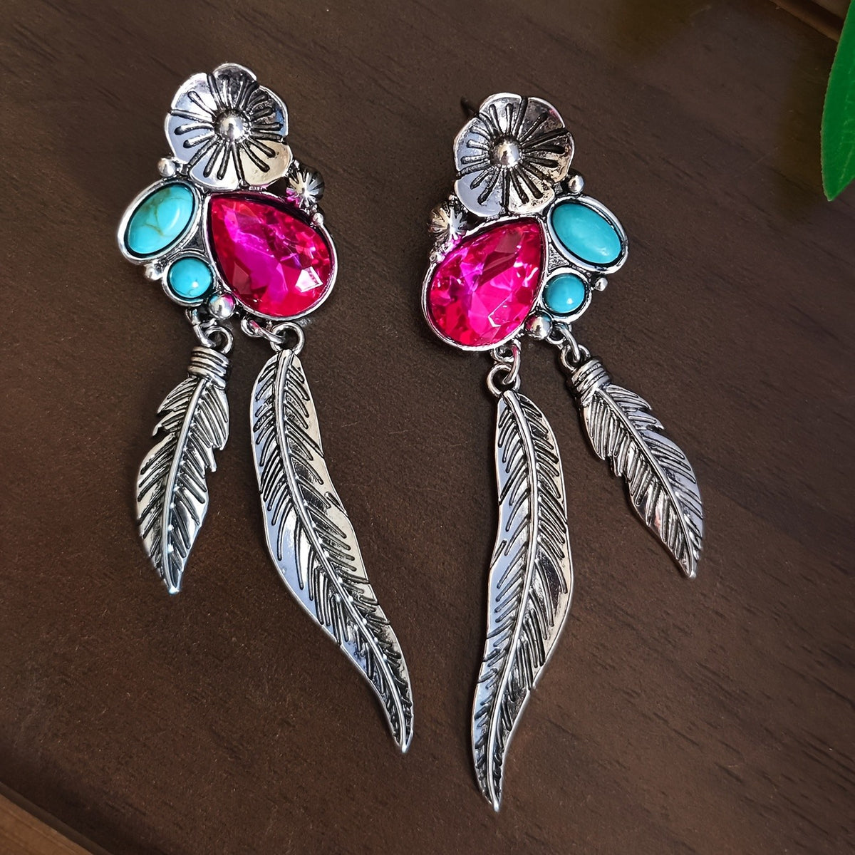 Boho Vintage Turquoise Flower Feather Earrings