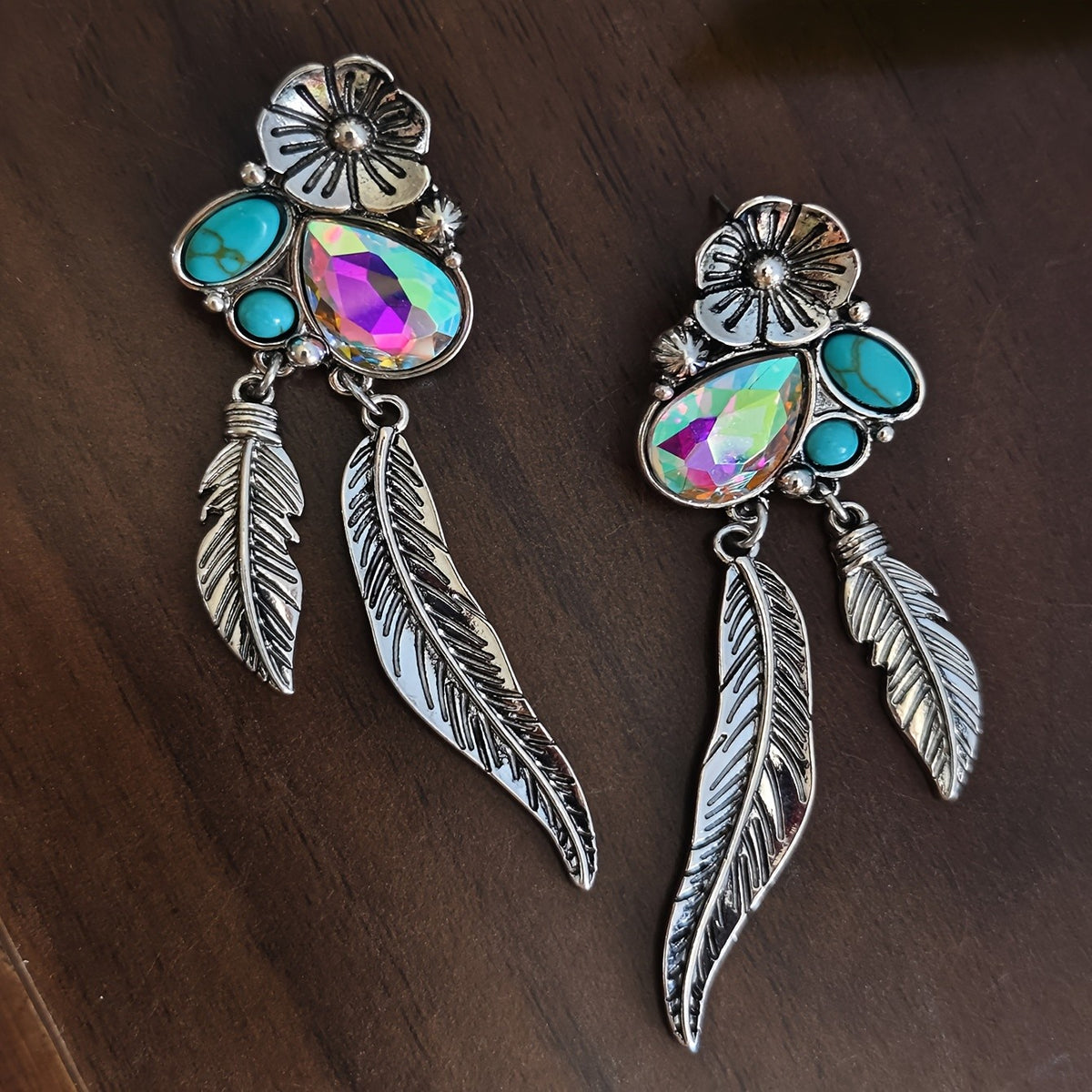 Boho Vintage Turquoise Flower Feather Earrings