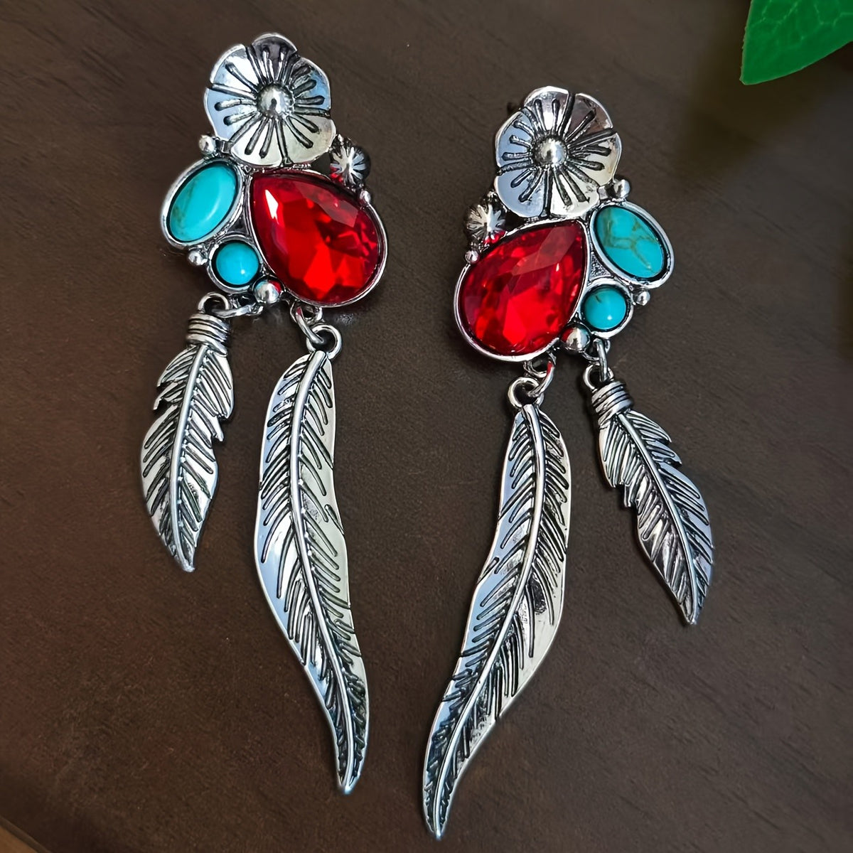 Boho Vintage Turquoise Flower Feather Earrings