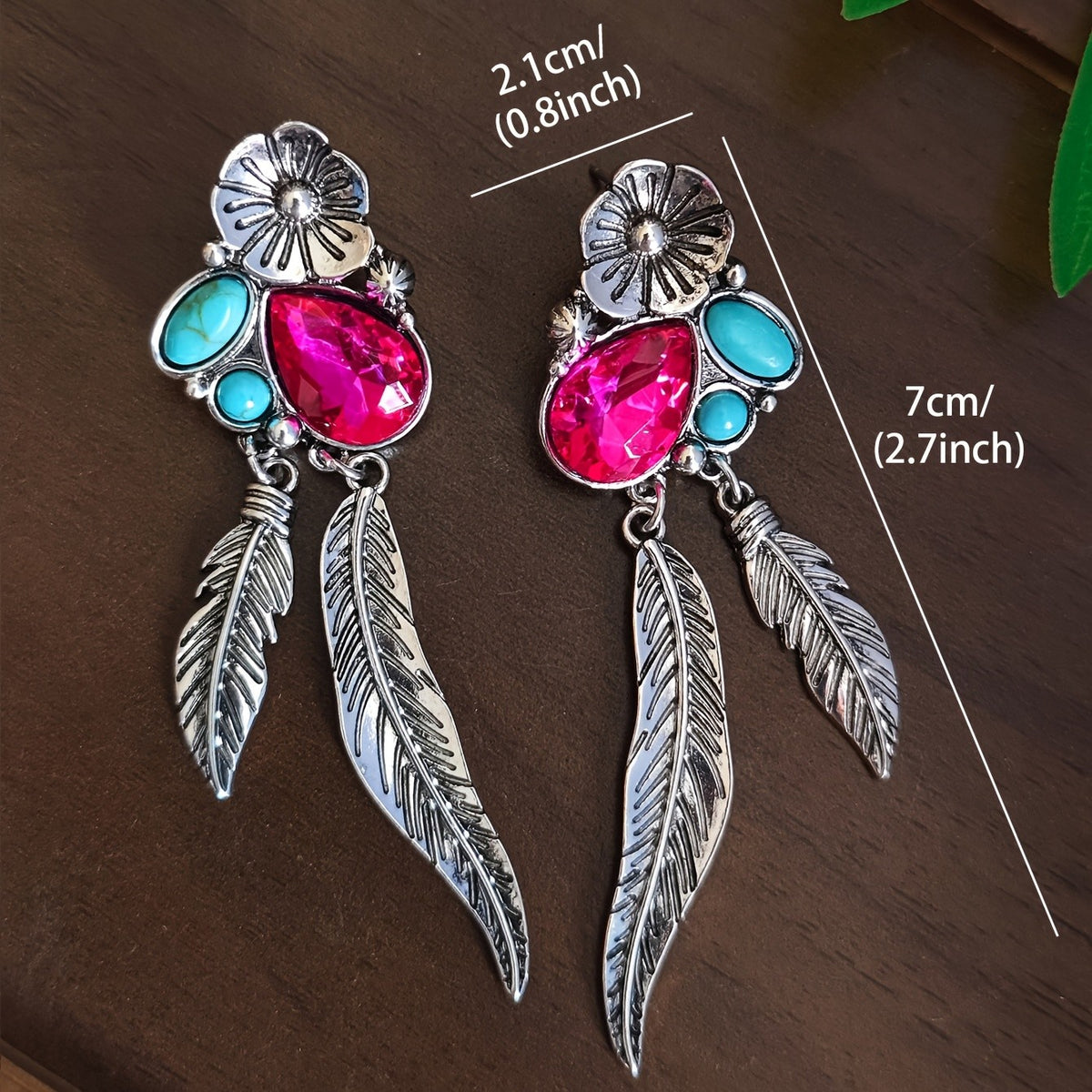 Boho Vintage Turquoise Flower Feather Earrings