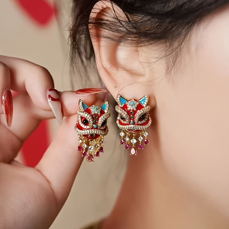 Boho Red Lion Dance Earrings