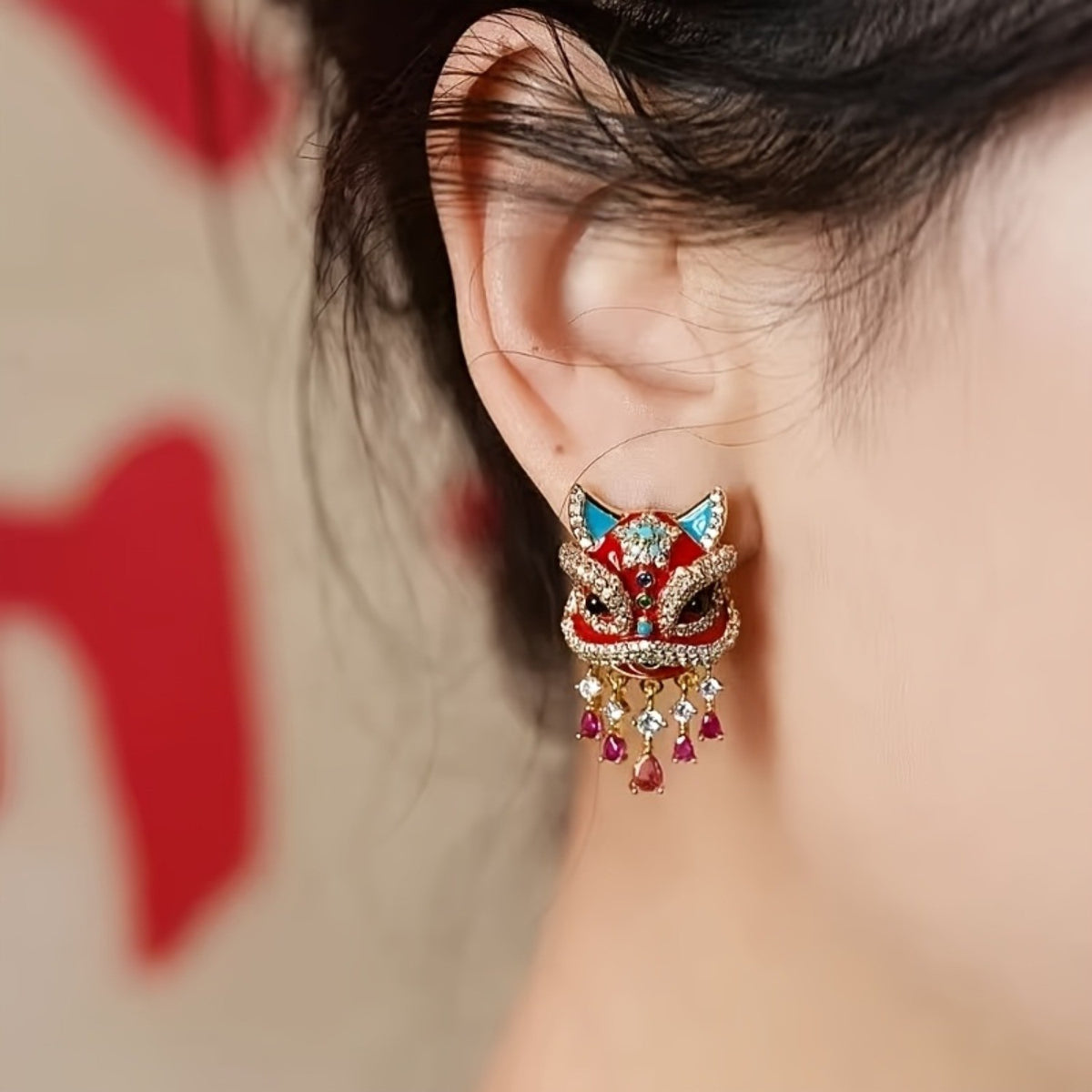 Boho Red Lion Dance Earrings