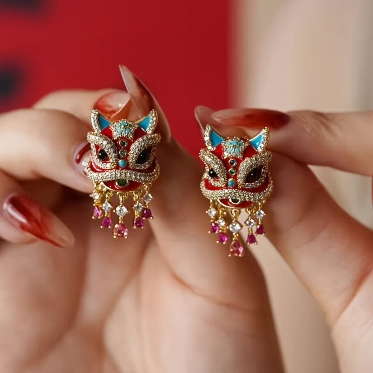 Boho Red Lion Dance Earrings