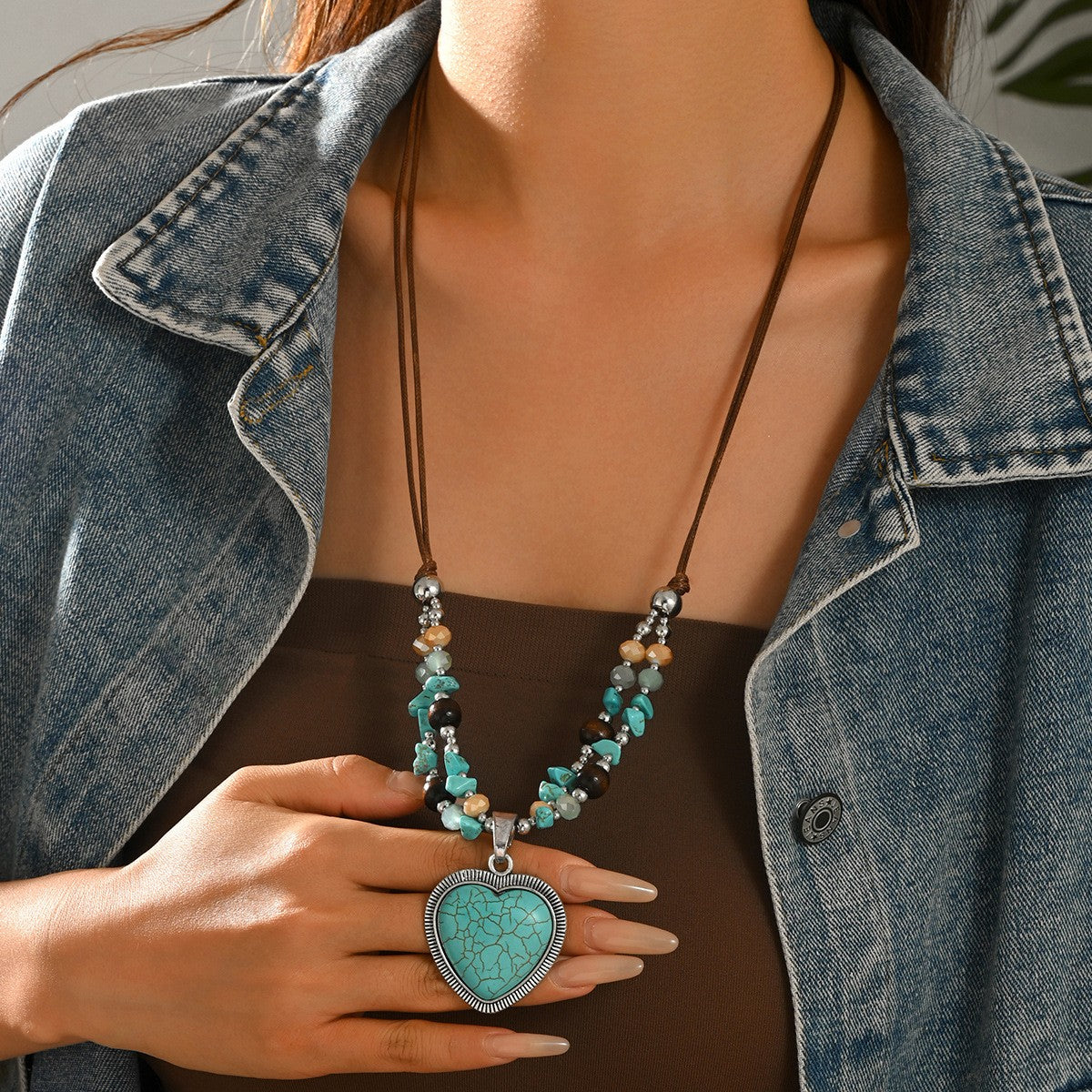 Boho Cracked Turquoise Heart Cord Necklace