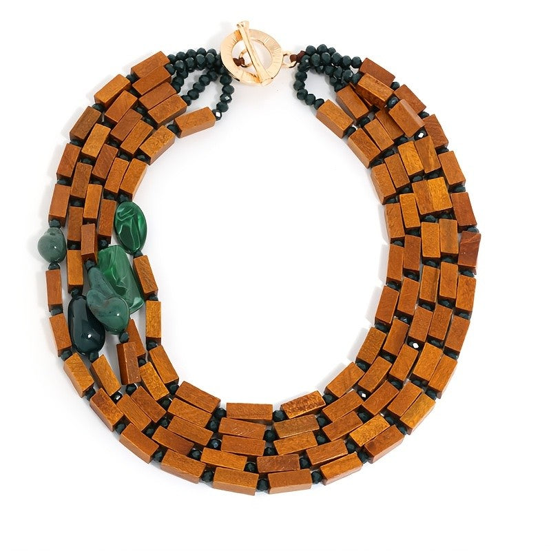 Boho Vintage Wood Block Multi-Strand Necklace