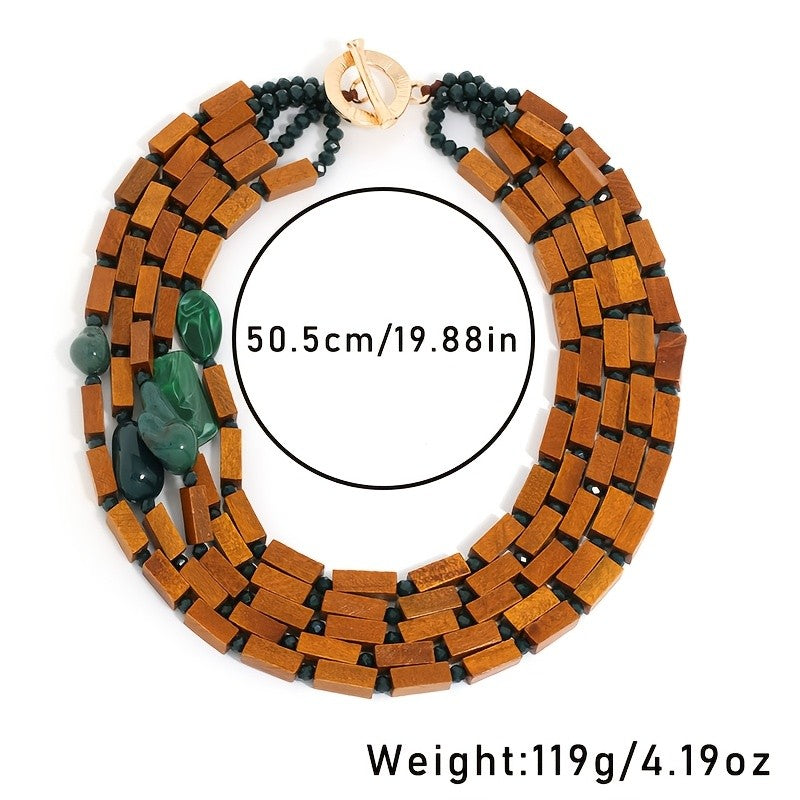Boho Vintage Wood Block Multi-Strand Necklace