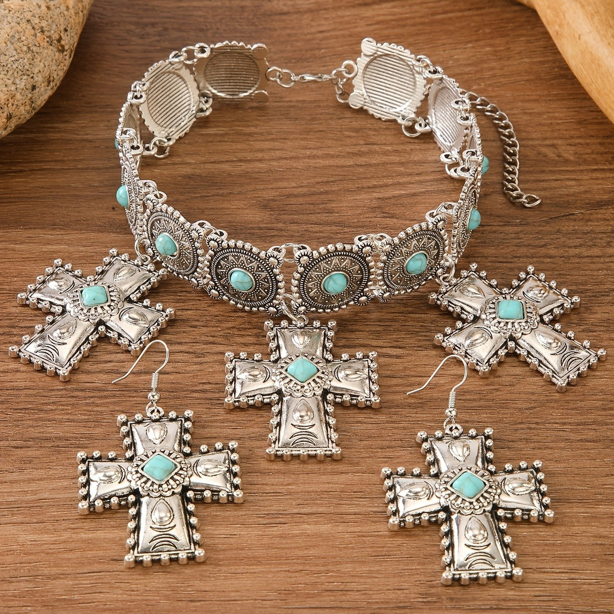 Boho Vintage Cross Choker Set