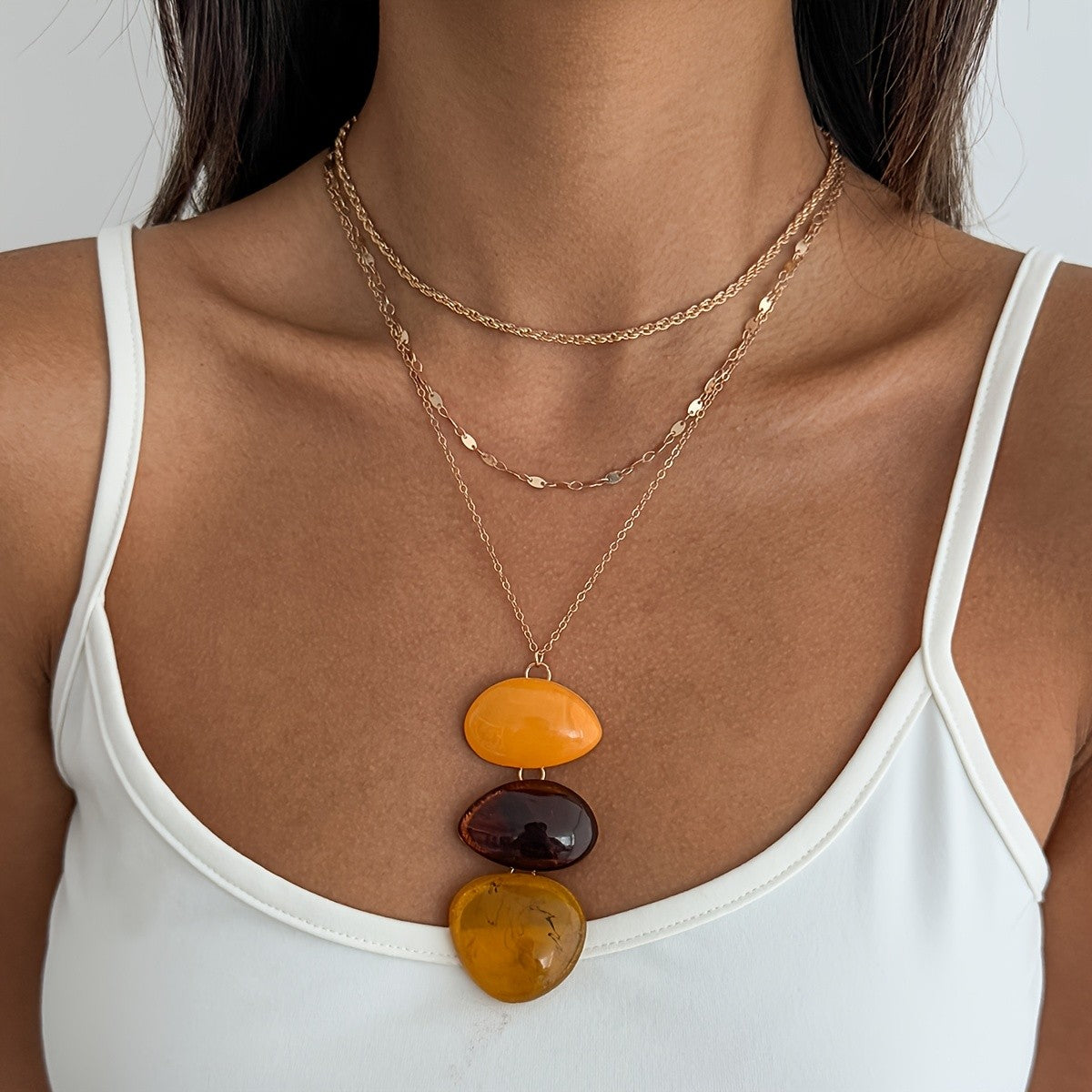 Vintage Amber Resin Layered Necklace Set