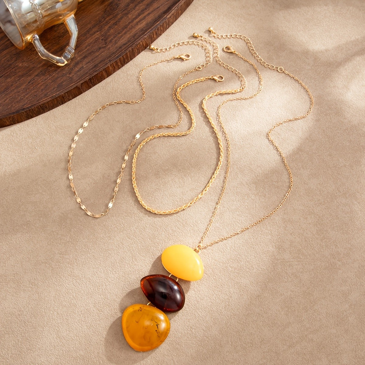 Vintage Amber Resin Layered Necklace Set