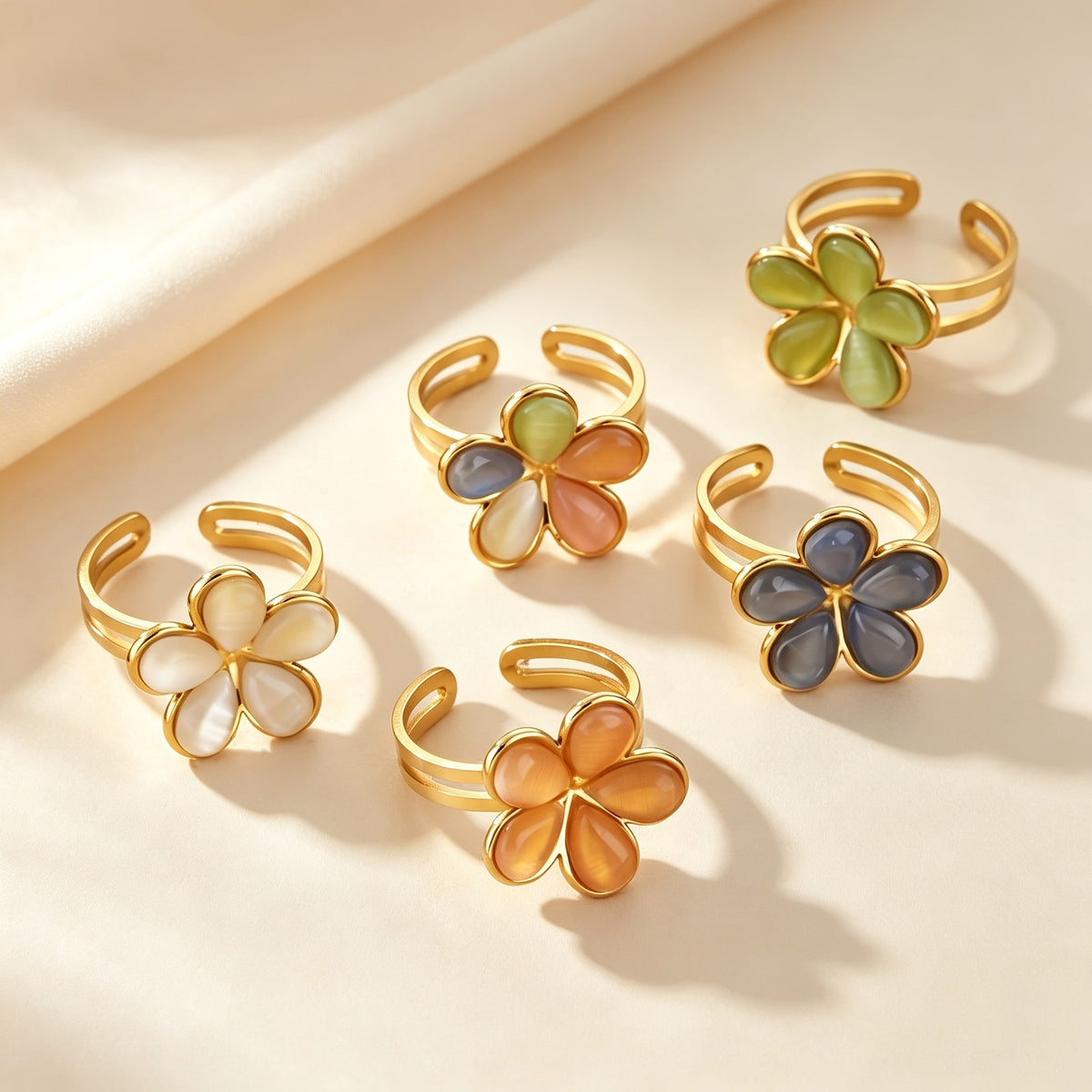18k Boho Cat's Eye Flower Ring