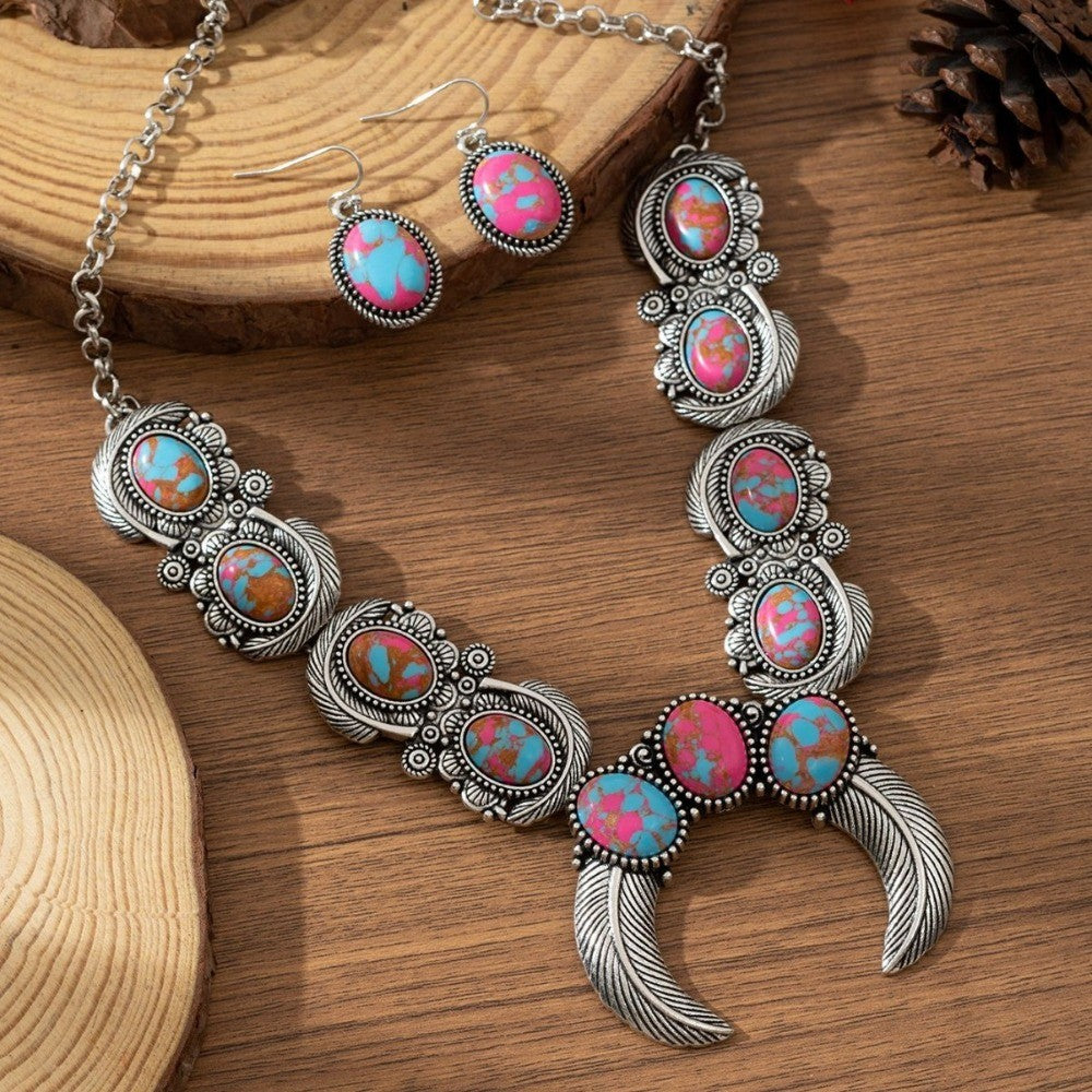 Boho Turquoise Feather Necklace & Earring Set