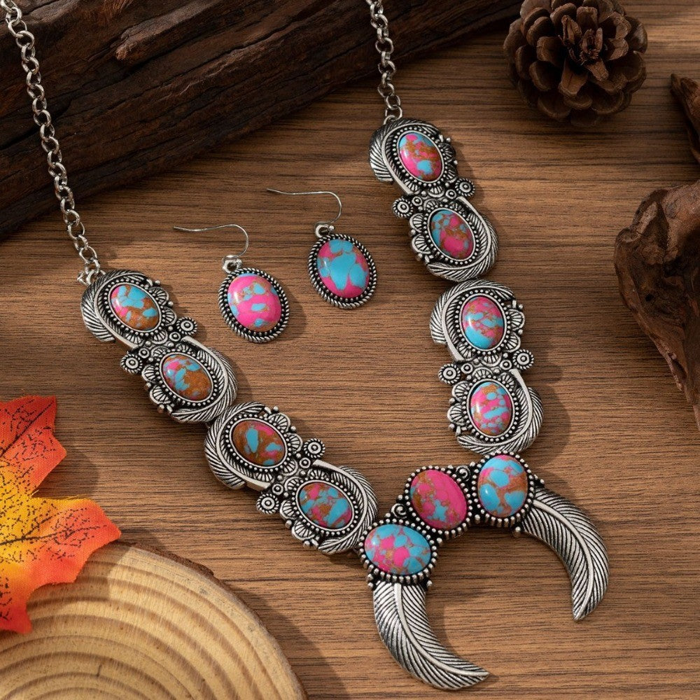 Boho Turquoise Feather Necklace & Earring Set