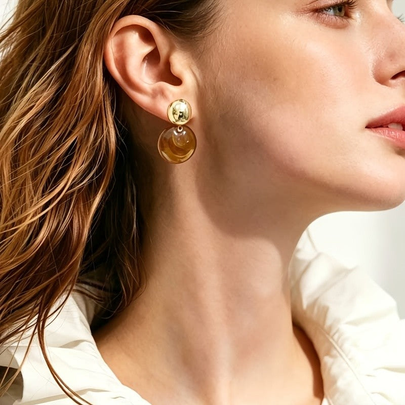 Boho Marbled Amber Sphere Drop Earrings