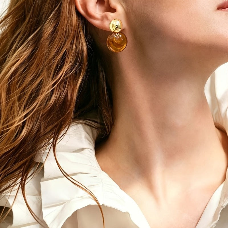 Boho Marbled Amber Sphere Drop Earrings
