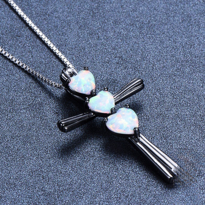 S925 Elegant Opal Heart Cross Necklace