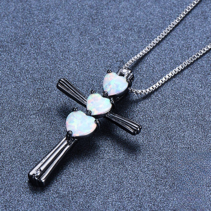 S925 Elegant Opal Heart Cross Necklace