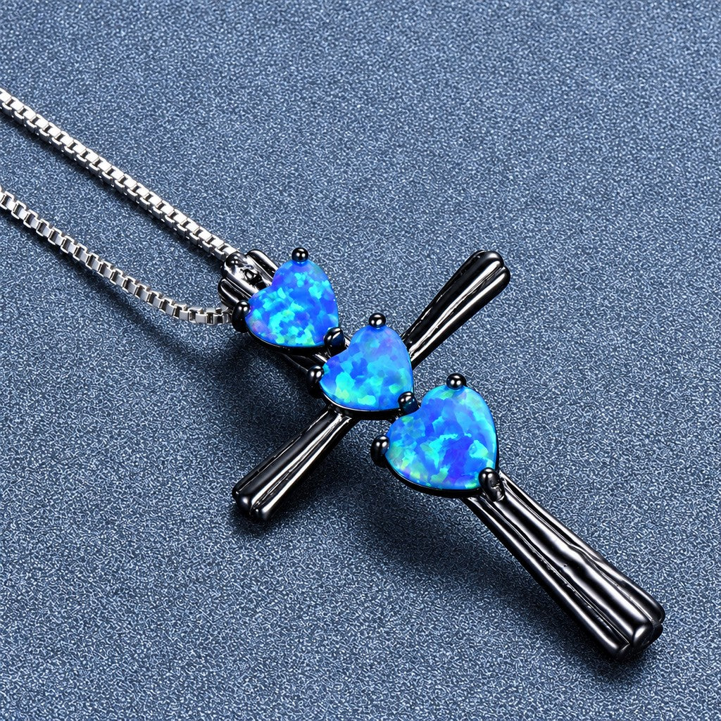 S925 Elegant Opal Heart Cross Necklace