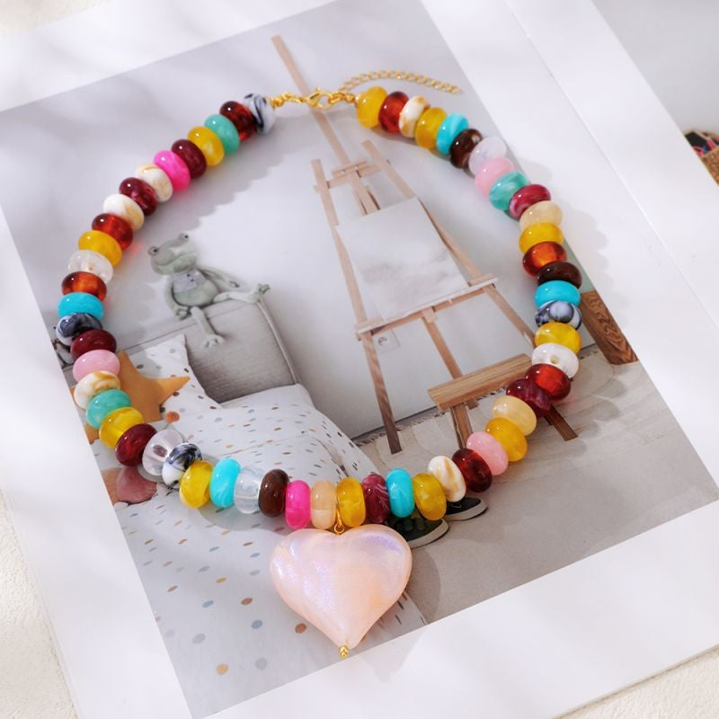 18k Boho Multicolor Beaded Heart Necklace