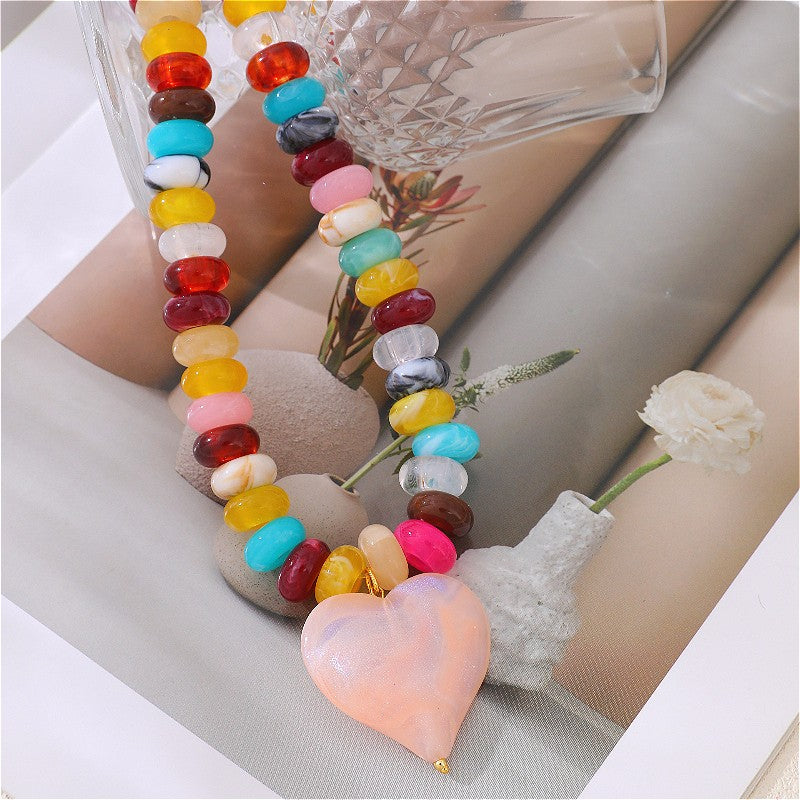18k Boho Multicolor Beaded Heart Necklace