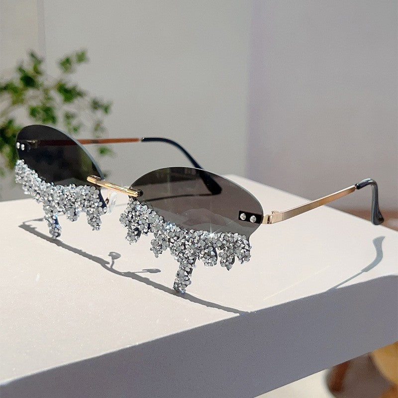 Classy Blue Rhinestone Rimless Sunglasses