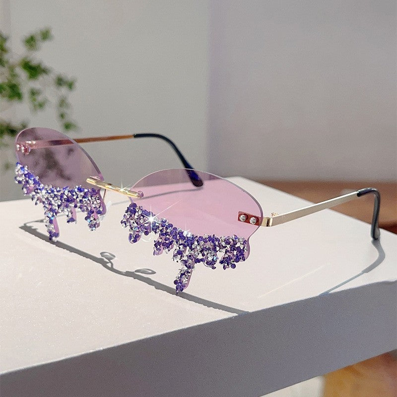 Classy Blue Rhinestone Rimless Sunglasses
