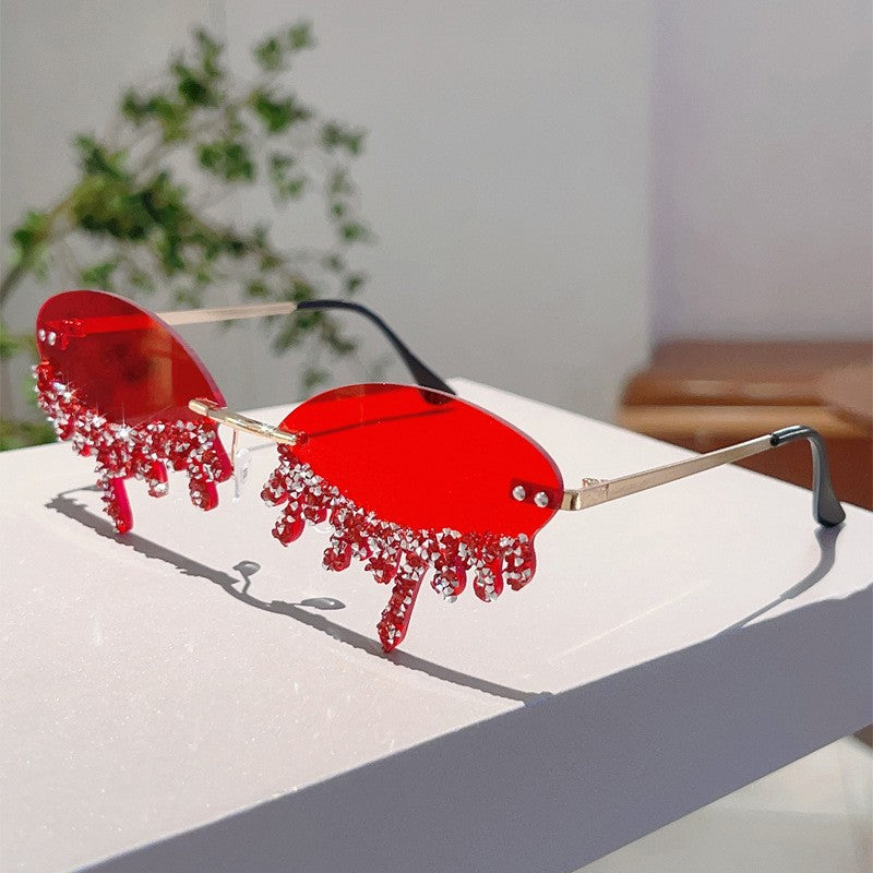 Classy Blue Rhinestone Rimless Sunglasses