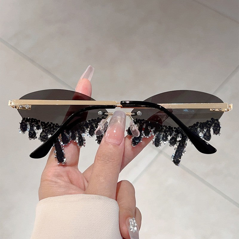 Classy Blue Rhinestone Rimless Sunglasses