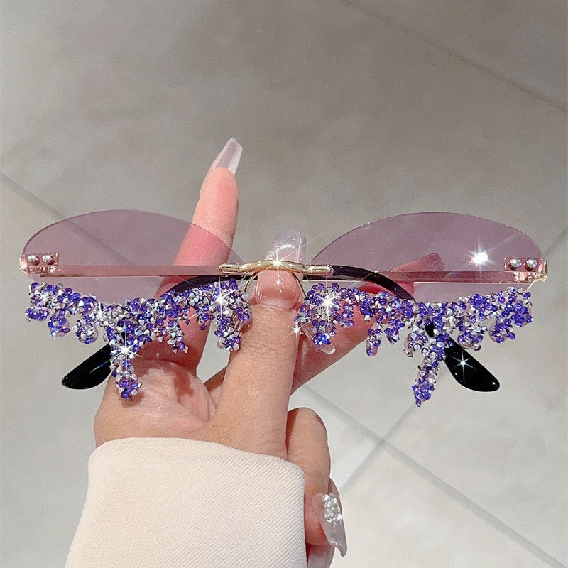Classy Blue Rhinestone Rimless Sunglasses
