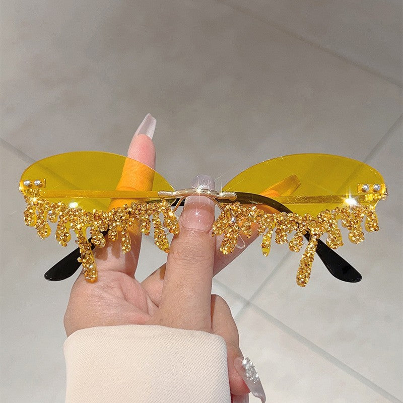 Classy Blue Rhinestone Rimless Sunglasses
