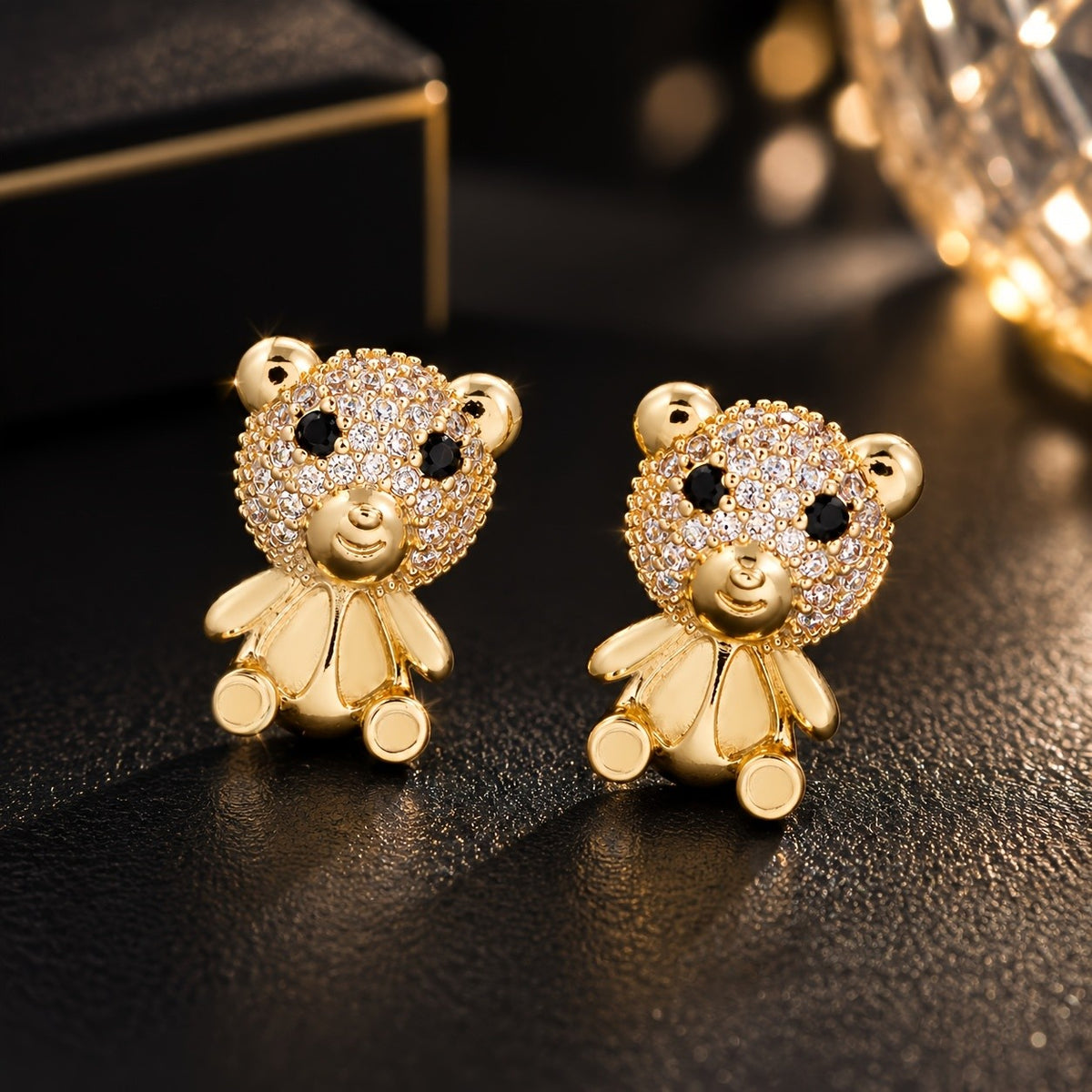 14k Dainty Zircon Bear Stud Earrings