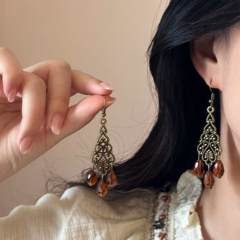 Vintage Boho Filigree Amber Drop Earrings