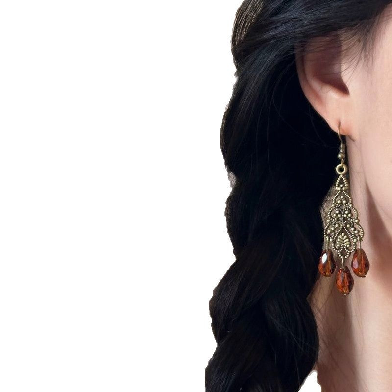 Vintage Boho Filigree Amber Drop Earrings