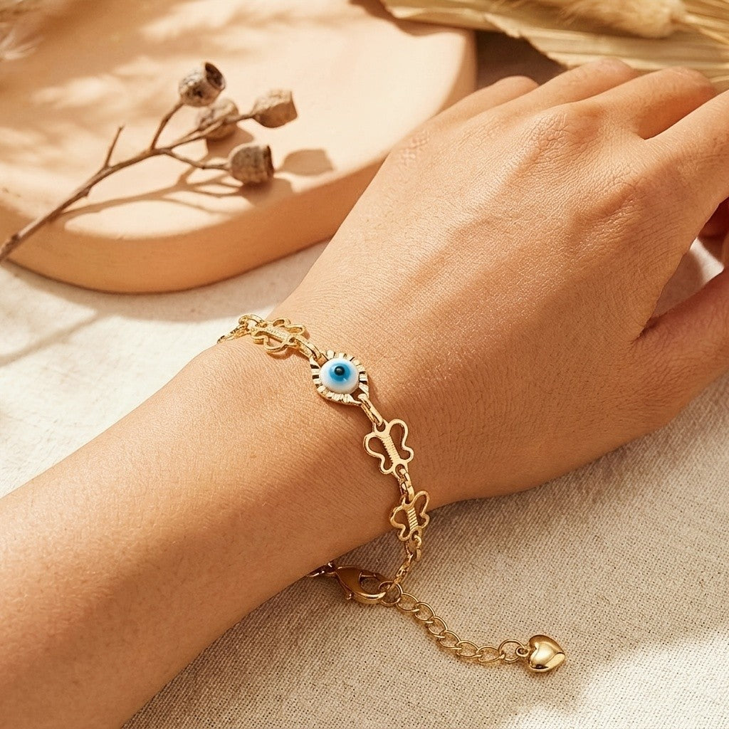 14k Boho Clover Evil Eye Bracelet