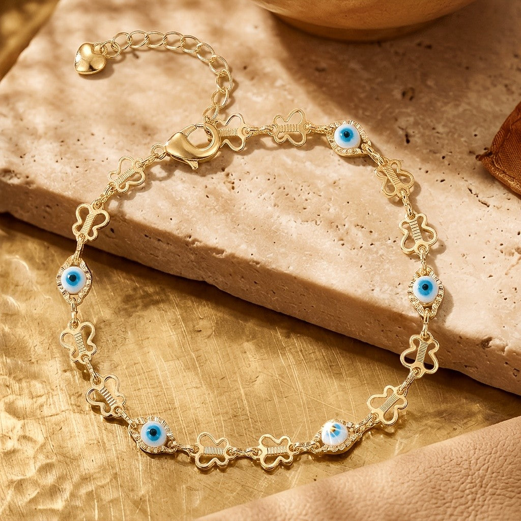 14k Boho Clover Evil Eye Bracelet
