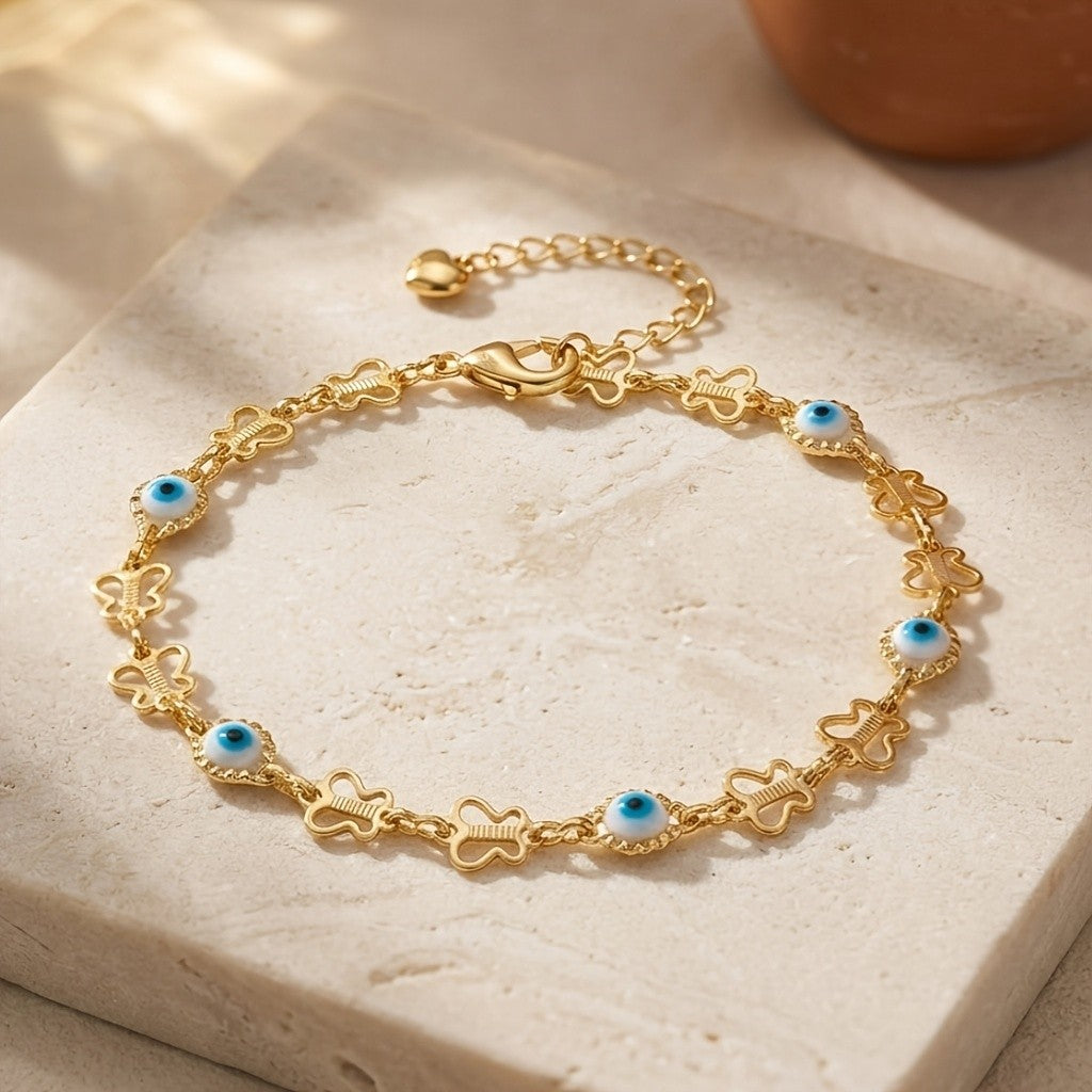 14k Boho Clover Evil Eye Bracelet