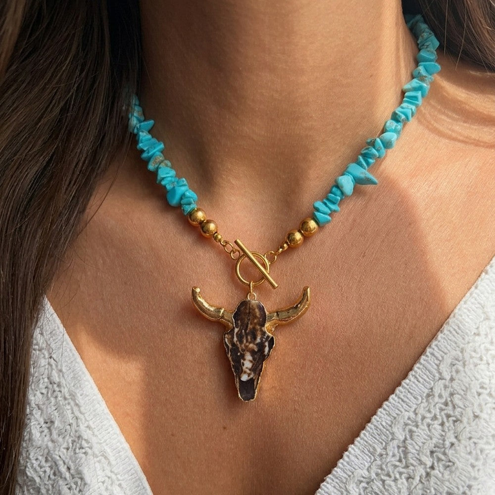 Boho Turquoise Bull Skull Necklace
